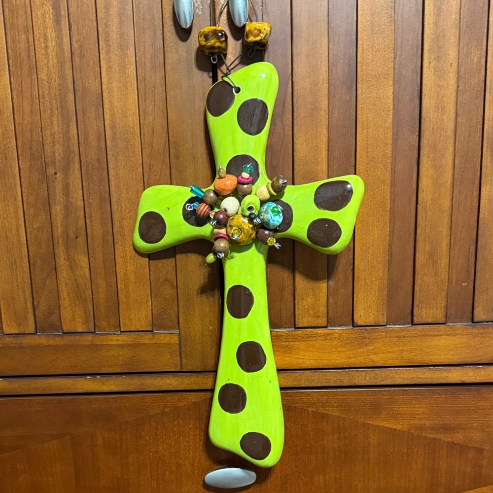 Ceramic Green Polka Dot and Beaded Cross Wall Decor